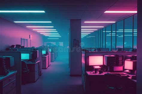 Office Cubicles Under Neon Colorful Lights. Misty Steam Atmosphere at ...