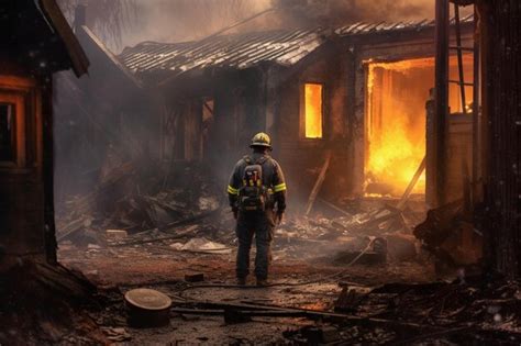 Premium AI Image | A firefighter looking at a burntdown house