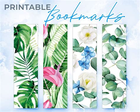 Printable Bookmarks, Botanical Bookmarks with watercolor leaves and flowers, Printable Bookmarks ...