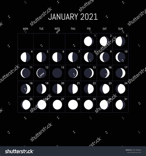 Moon Phases Calendar 2021 Year January Stock Vector (Royalty Free) 1831908046 | Shutterstock