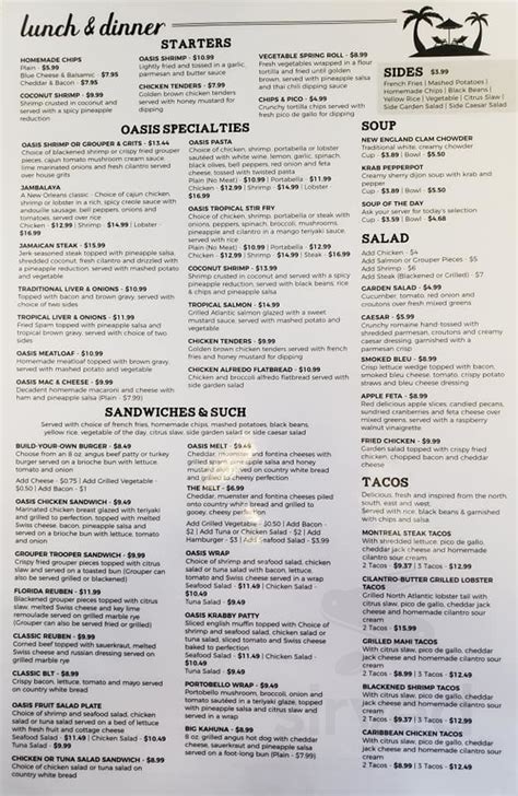 The Oasis Cafe menu in Ocala, Florida, USA