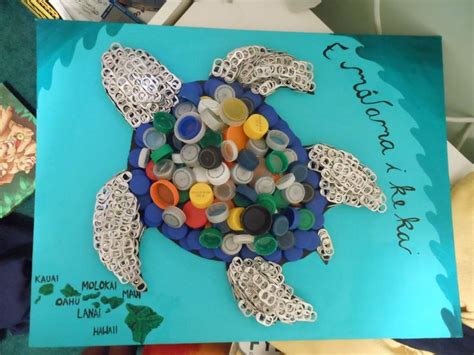 Create a recycled bottle cap sea turtle. Use caps for the shell and soda tabs for the head and ...