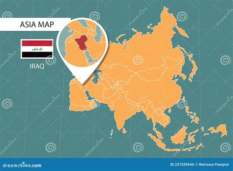 Iraq Map in Asia Zoom Version, Icons Showing Iraq Location and Flags ...