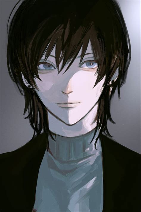 an anime character with black hair and blue eyes