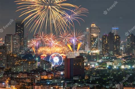 Premium Photo | Bangkok cityscape river view with fireworks at night scene