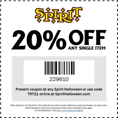 20% off a single item at Spirit Halloween, or onine via promo code ...