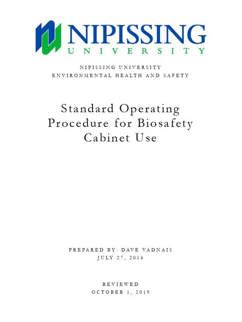 Nipissing University BioSafety Cabinet Use SOP | PDF | Safety