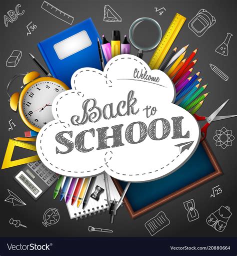 Cartoon school supplies on blackboard background Vector Image