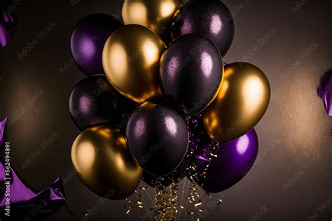 Dark background with purple and gold balloons. Generative AI. Stock Illustration | Adobe Stock