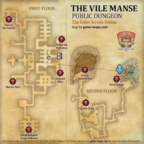 Map of The Vile Manse Public Dungeon located in Reaper's March ESO with Skyshard and Bosses.