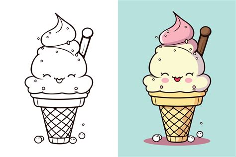 Cute Ice Cream Cartoon line art vector Icon illustration, Food drink Flat Cartoon Concept Pro ...