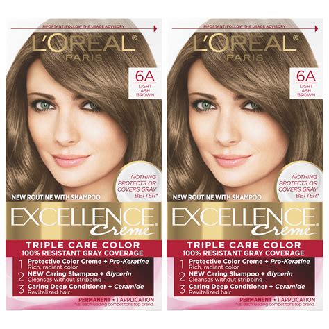 Buy L'Oreal ParisExcellence Creme Permanent Hair Color, 6A Light Ash Brown, 100 percent Gray ...