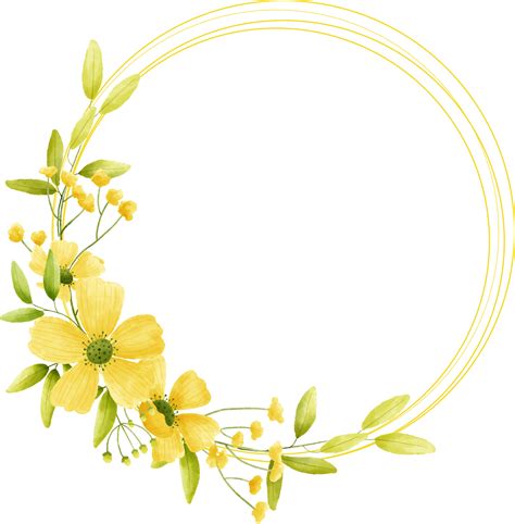 Circle frame yellow flower floral watercolor with gold circle. 11306386 PNG