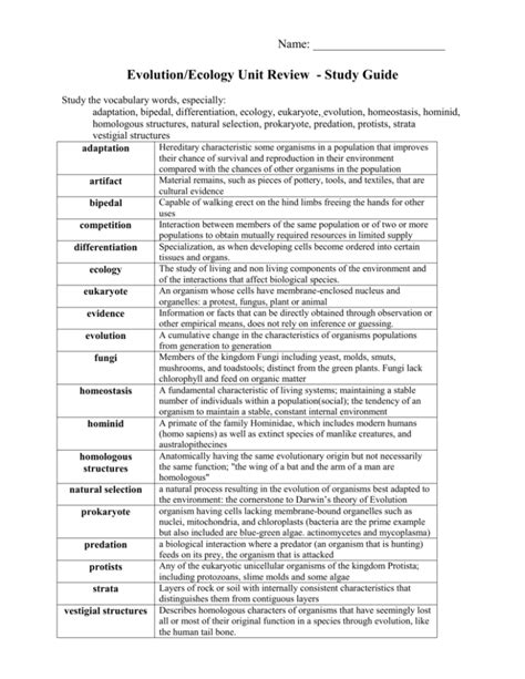 Evolution / Ecology Unit Study Guide