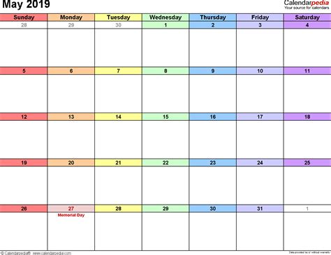 May 2019 - calendar templates for Word, Excel and PDF