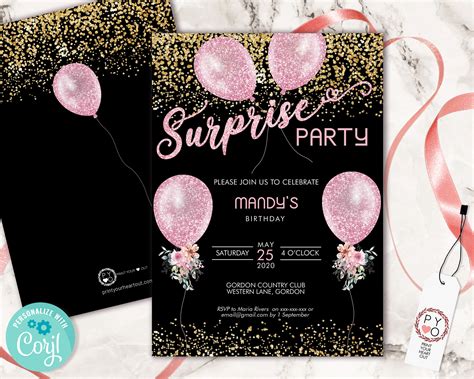 Surprise Party Birthday Pink Gold Glitter Balloons Invitation, Printable Template, Editable ...