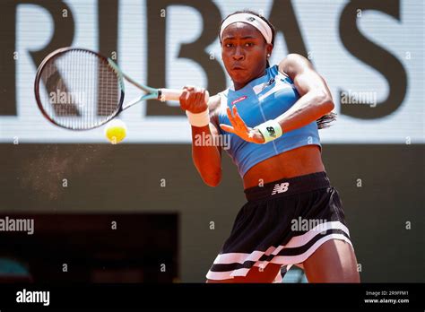 American tennis player Coco Gauff playing during French Open 2023 at Roland Garros,Paris, France ...