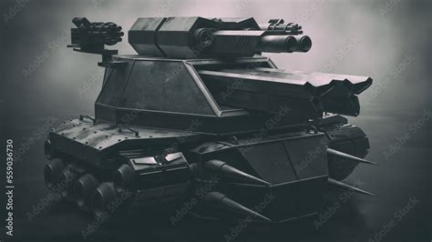 stylized combat drone tank with heavy armor and weapons with soft focus ...