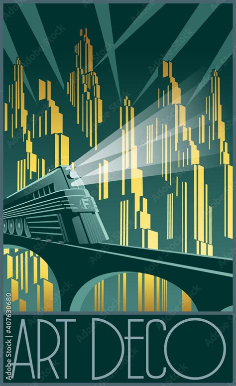 Art Deco Style Poster, Retro Future Train, Skyscrapers and Night ...