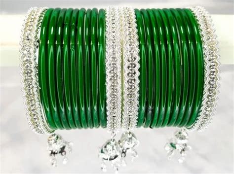 Plain Green Glass Silver Ladies Bangles Set, Size: 2.4 Inch (dia) at best price in Firozabad