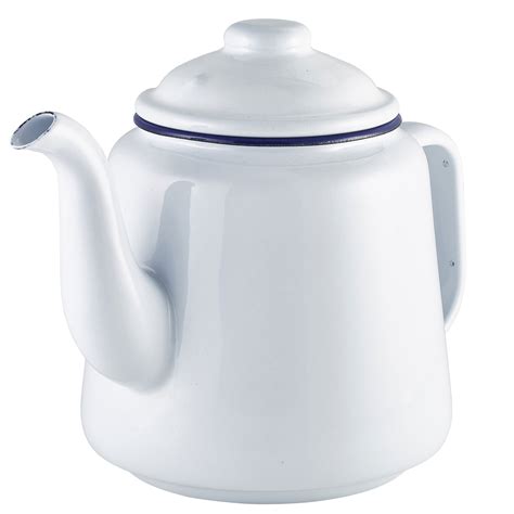 Enamel Teapot White with Blue Rim at drinkstuff