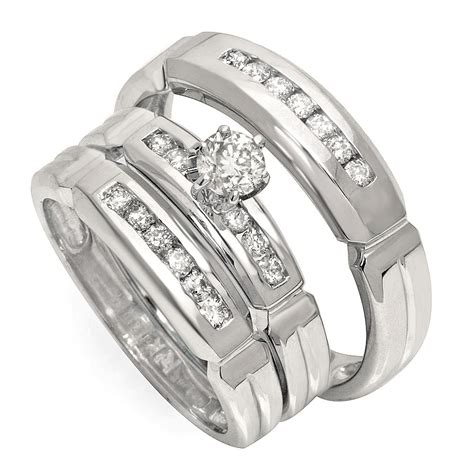 Luxurious Trio Marriage Rings Half Carat Round Cut Diamond on Gold - JeenJewels