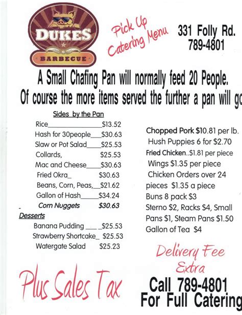 Menu of Dukes Barbecue in Walterboro, SC 29488