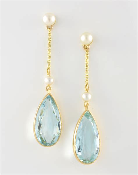 18ct gold aquamarine and pearl drop earrings