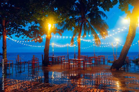 beach bar decorated with light bulbs Waiting for a party from tourists ...