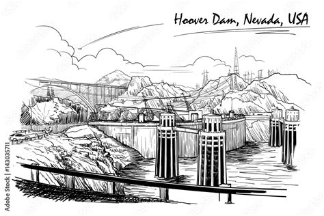 Hoover Dam stunning panoramic view. Black and white linear hand drawing. Sketch style. EPS10 ...