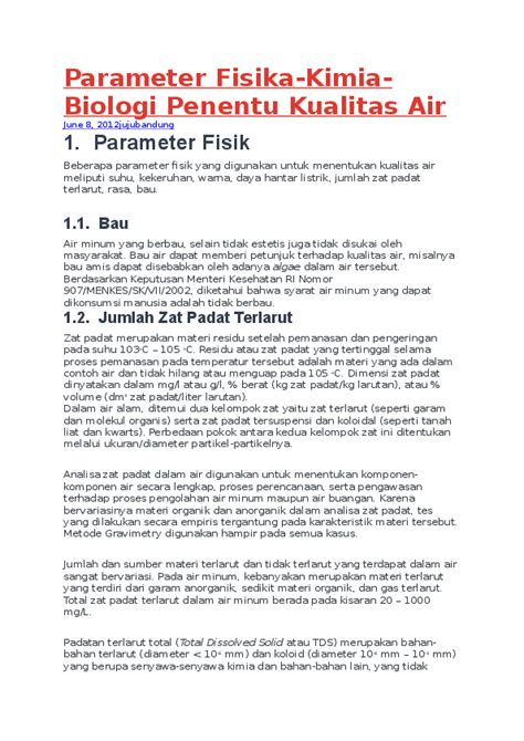 (DOC) Parameter Fisika-Kimia-Biologi Penentu Kualitas Air | Ayu Lestari - Academia.edu