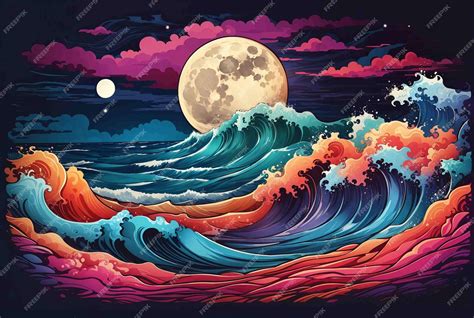 Premium AI Image | Waves at night Big moon Illustration Bright col