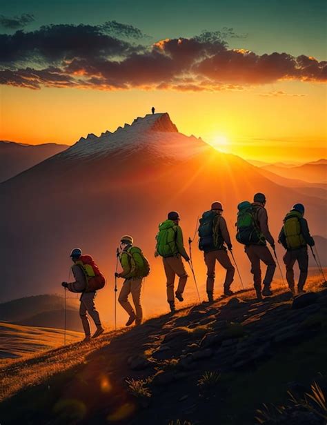 Premium AI Image | Group of hikers on the top of the mountain at ...