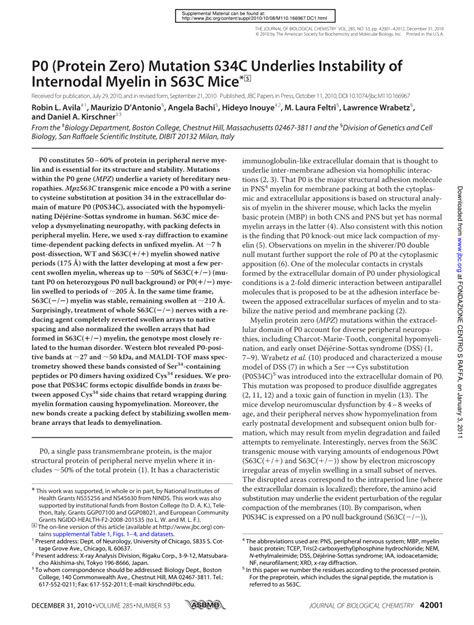 (PDF) P0 (Protein Zero) Mutation S34C Underlies Instability of Internodal Myelin in S63C Mice