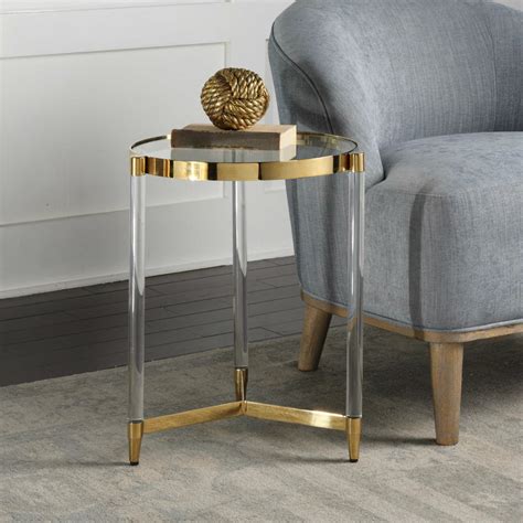 MODERN DESIGNER GOLD 21" ACCENT END TABLE GLASS TOP ACRYLIC LEGS - Tables