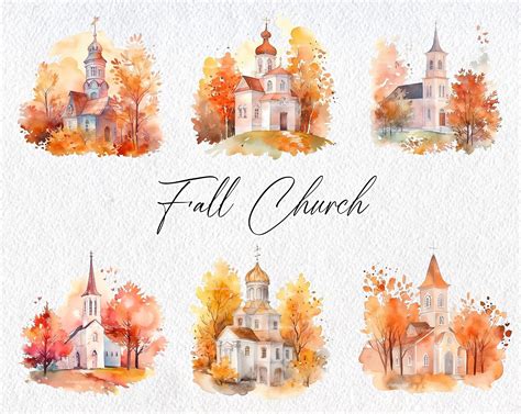 Cute Watercolor Fall Church Scene Commercial Use Clipart - Etsy