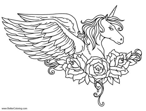 Free Alicorn Coloring Pages Pegasus with Flower printable for kids and adults. You can downloa ...