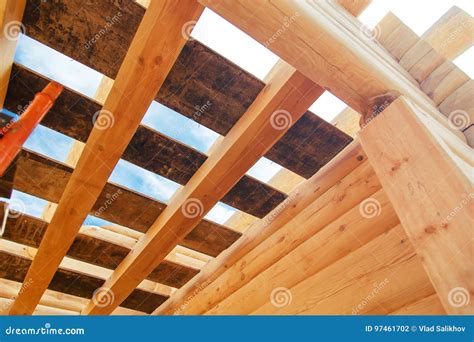 Wooden Rafters Against the Blue Sky in House Under Construction. Stock Photo - Image of housing ...