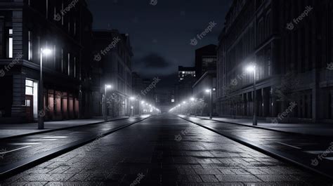 Premium Photo | A dark street at night with lights on.