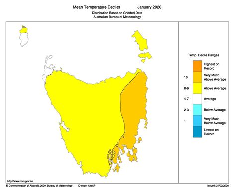 Tasmania mean temperature deciles - January 2020 Australia Map, Tasmania, Temperatures, January ...