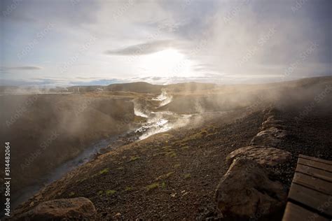 Geothermal area in Krysuvik on early sunny morning, Southern Peninsula ...