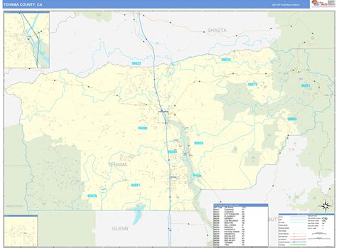 Tehama County, CA Zip Code Wall Map Basic Style by MarketMAPS - MapSales