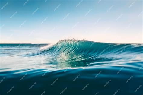 Premium AI Image | Blue ocean wave close up with splashes of water and blue sky