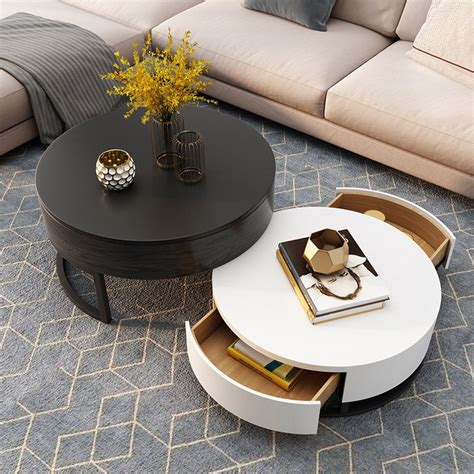 Luxury Modern Round Coffee Table with Storage Lift-Top Wood Coffee Table with Rotatable Drawers ...