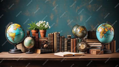 Premium Photo | Wooden Desk With Open Books And Globe For Wallpaper