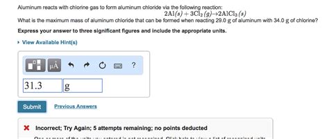 Solved Aluminum reacts with chlorine gas to form aluminum | Chegg.com