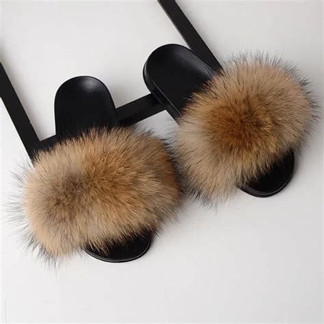 NAUSK Fur Slippers Women Real Fox Fur Slides Home Furry Flat Sandals ...