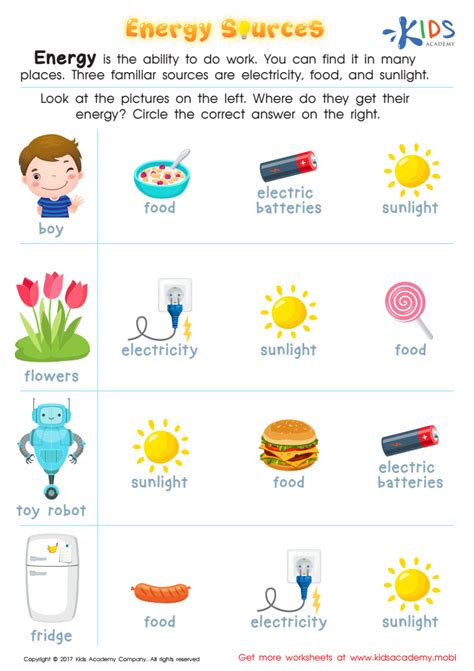 Energy Sources Printable: Free Practice Physical Scince PDF for Kids