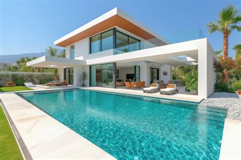 Premium Photo | Luxurious modern mansion with a backyard pool decoration style inspiration ideas