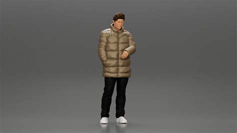 3D file Man in long puffer jacket standing with his hand in his pocket lost in thought 👨・3D ...